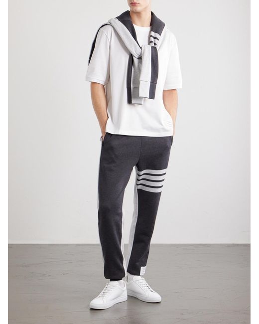 Thom Browne White Logo-appliquéd Striped Cotton-jersey T-shirt for men