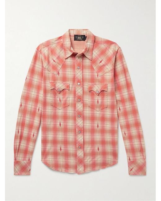 RRL Pink Slim-fit Checked Cotton-jacquard Western Shirt for men