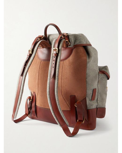 Brunello Cucinelli Brown Leather-Trimmed Flannel Backpack for men