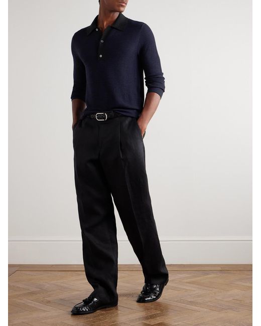 Tom Ford Blue Slim-Fit Waffle-Knit Wool Polo Shirt for men