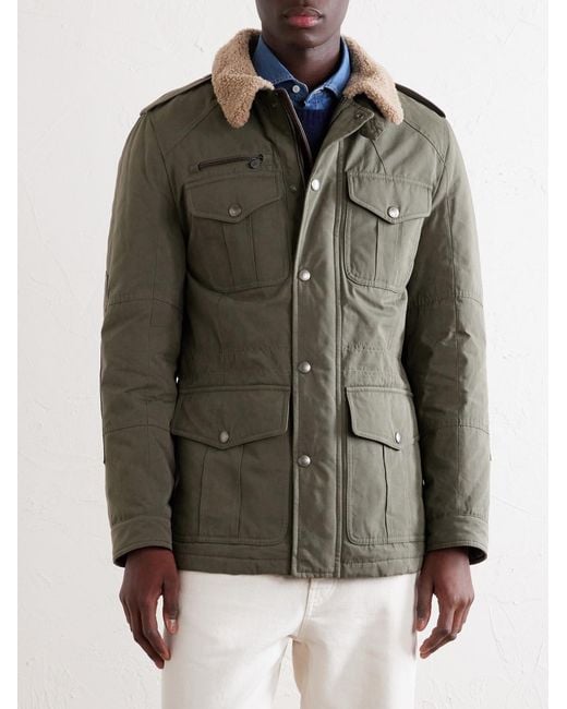 Brunello Cucinelli Green Shearling-Trimmed Padded Canvas Jacket for men