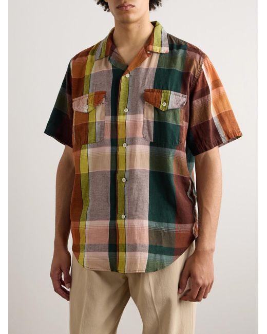 Orslow Kariertes Hemd aus einer Baumwoll-Leinenmischung mit wandelbarem Kragen in Brown für Herren