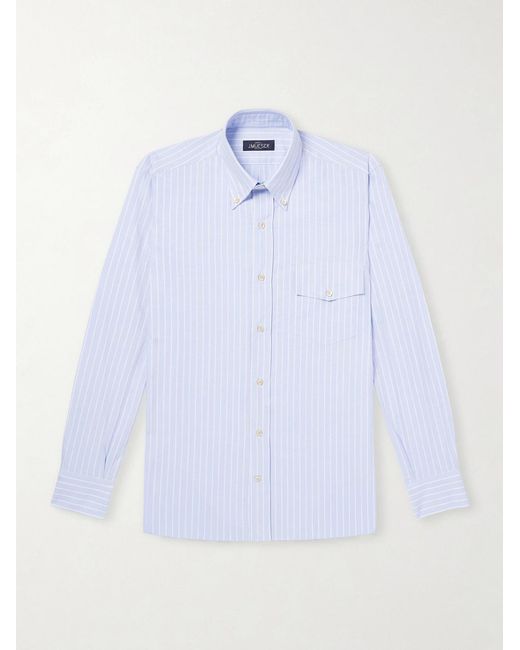 J. Mueser White Striped Button-down Collar Cotton Oxford Shirt for men