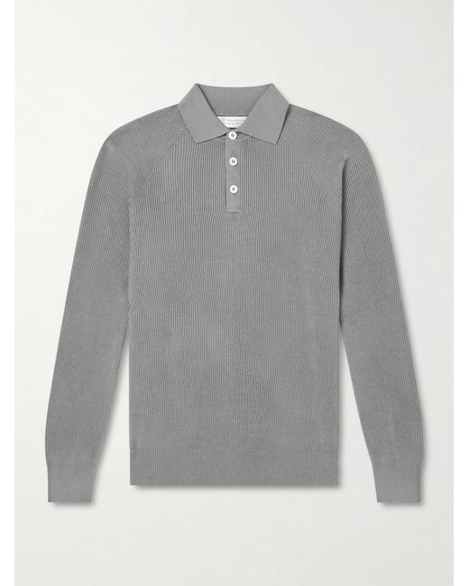 Brunello Cucinelli Gray Ribbed Cotton Polo Shirt for men
