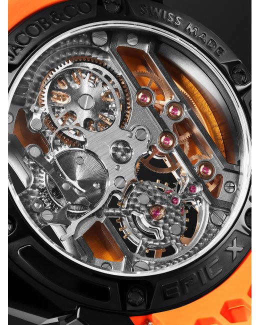 Jacob & Co Orange Epic X Limited Edition Hand-wound Skeleton Chronograph 44mm Dlc-coated Stainless Steel And Rubber Watch for men