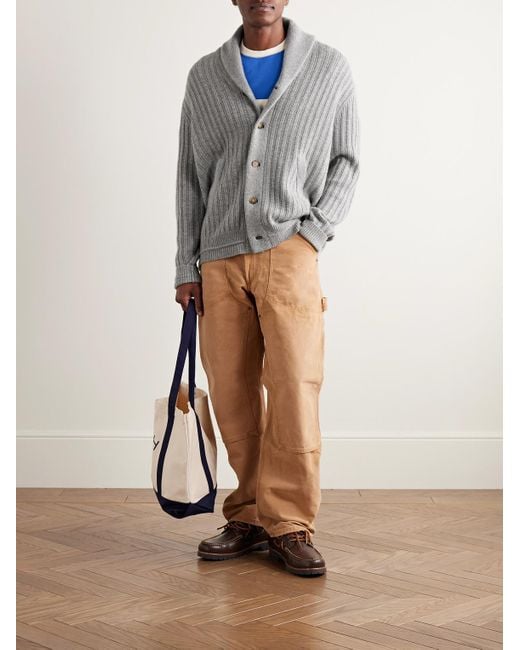 Guest In Residence Gray Varsity Shawl-collar Ribbed Wool And Cashmere-blend Cardigan for men