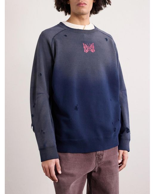 Needles Blue Logo-print Distressed Cotton-jersey Sweatshirt for men
