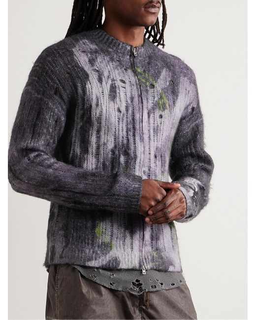 Acne Black Glittered Distressed Open-Knit Zip-Up Cardigan for men