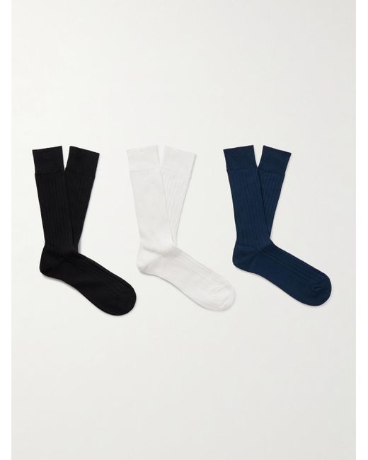 Mr P. Black Three-Pack Ribbed Cotton-Blend Socks for men