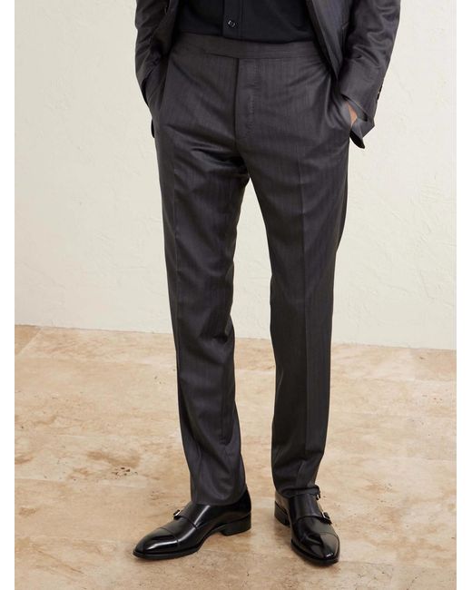 Tom Ford Blue Straight-Leg Herringbone Wool And Silk-Blend Suit Trousers for men