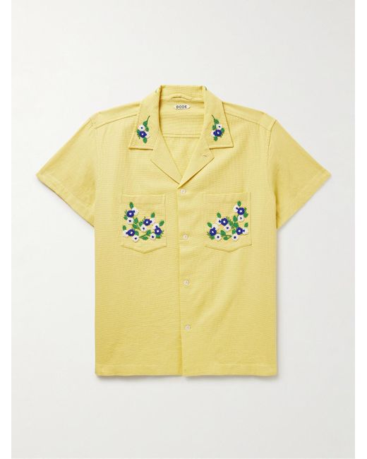Bode Yellow Chicory Camp-collar Bead-embellished Waffle-knit Cotton Shirt for men