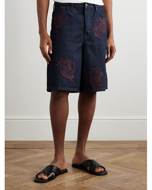 Dries Van Noten Blue Straight-Leg Embroidered Denim Bermuda Shorts for men