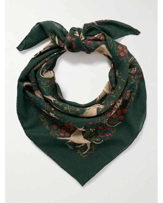 Drake's Green Printed Wool And Silk-Blend Scarf for men