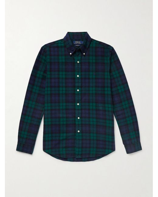 Polo Ralph Lauren Blue Button-Down Collar Logo-Embroidered Checked Brushed-Cotton Oxford Shirt for men