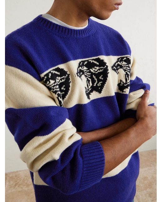 Valentino Garavani Blue Striped Jacquard-Knit Wool Sweater for men