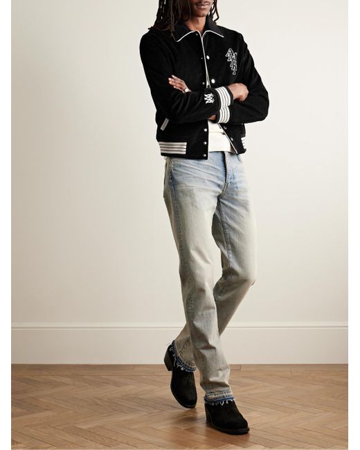 Amiri Black Logo-appliquéd Leather-trimmed Cotton-blend Corduroy Varsity Jacket for men