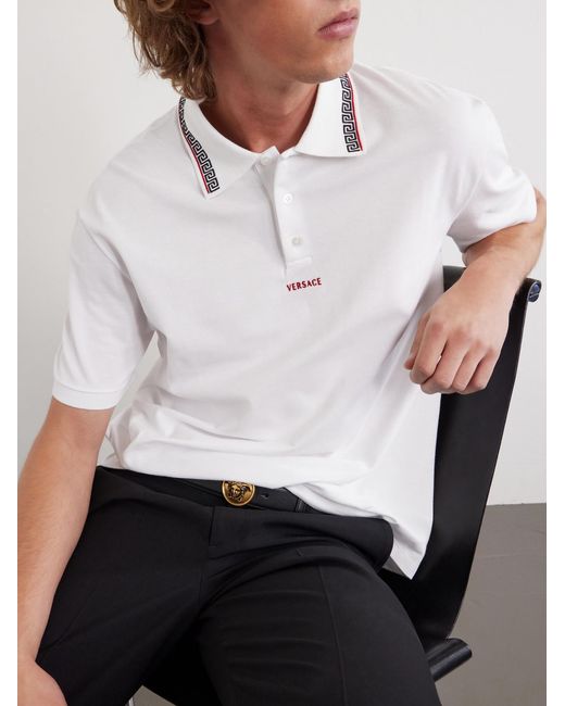 Versace White Logo-embroidered Cotton-piqué Polo Shirt for men