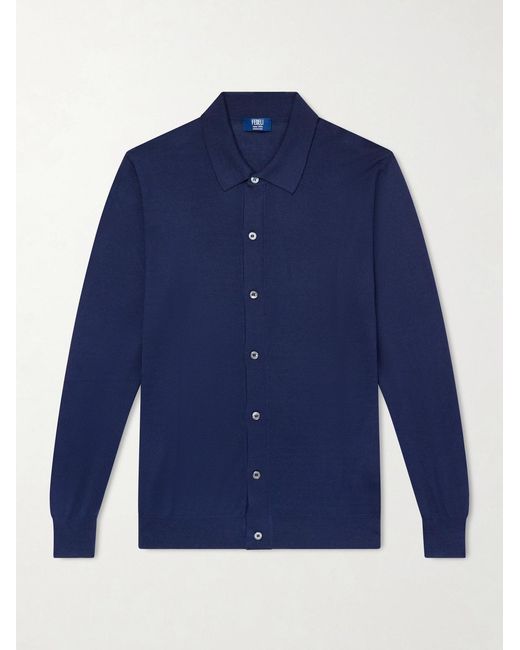 Fedeli Blue Knitted Wool Polo Shirt for men