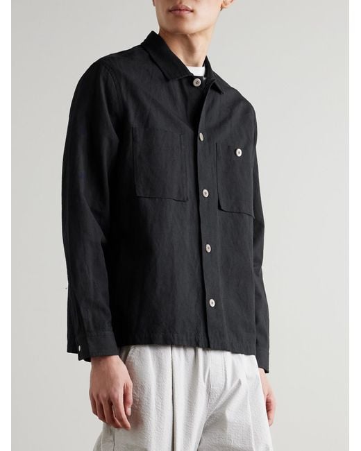 Folk Black Patch Linen And Cotton-Blend Overshirt for men