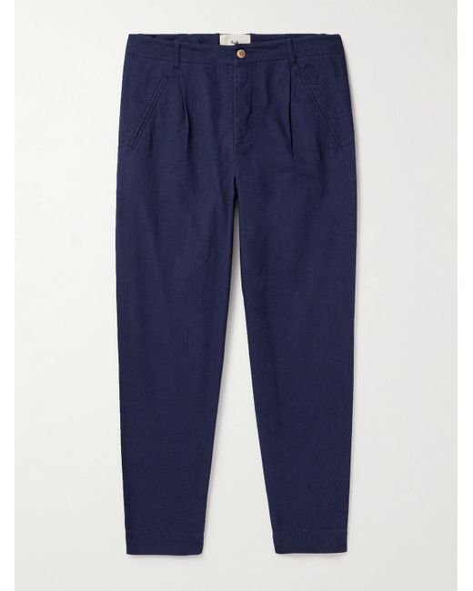 Folk Blue Assembly Tapered Cropped Pleated Cotton Trousers for men