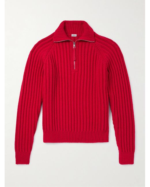 Loewe Red Fisherman Ribbed Wool Half-zip Sweater for men