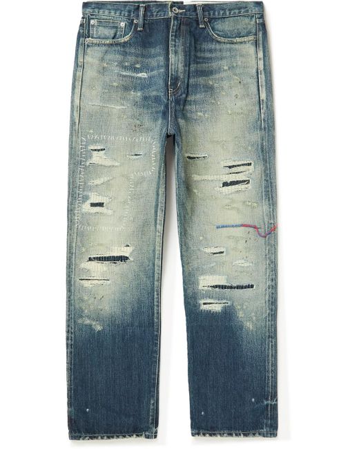 Neighborhood Blue Savage Straight-leg Embroidered Distressed Jeans for men