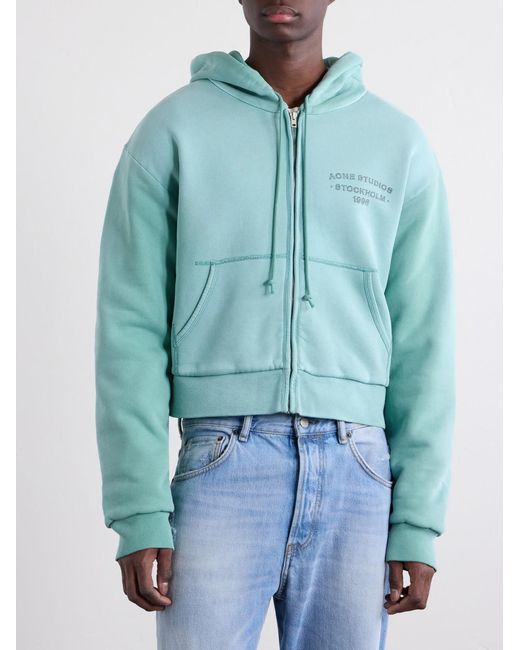 Acne Blue Feida Cropped Logo-Print Cotton-Jersey Zip-Up Hoodie for men