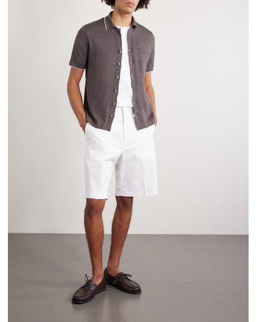 Fedeli Brown Camp-collar Contrast-tipped Linen And Cotton-blend Shirt for men