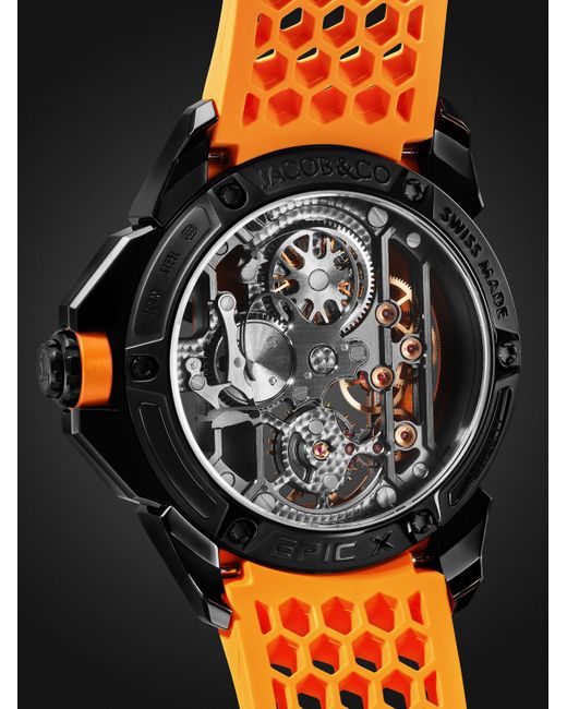 Jacob & Co Orange Epic X Limited Edition Hand-wound Skeleton Chronograph 44mm Dlc-coated Stainless Steel And Rubber Watch for men