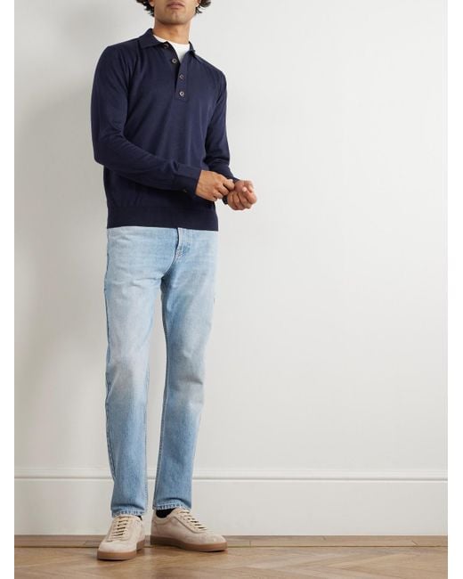 Eleventy Blue Slim-Fit Cotton And Cashmere-Blend Polo Shirt for men