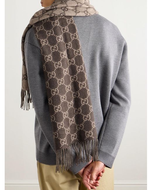 Fringed Logo-Jacquard Cashmere Scarf di Gucci in Brown da Uomo