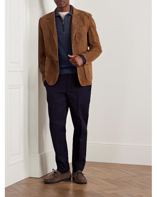 Loro Piana Blue Slim-Fit Suede-Trimmed Cable-Knit Baby Cashmere Half-Zip Sweater for men
