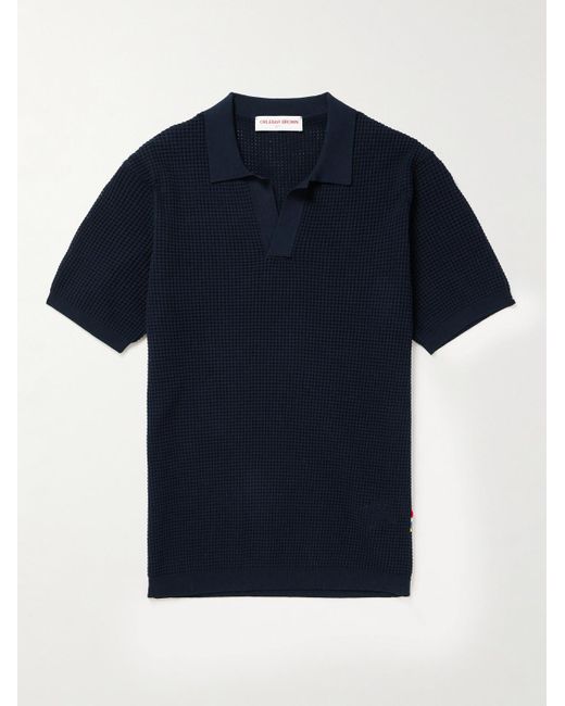 Orlebar Brown Blue Roddy Slim-Fit Camp-Collar Pointelle-Knit Polo Shirt for men