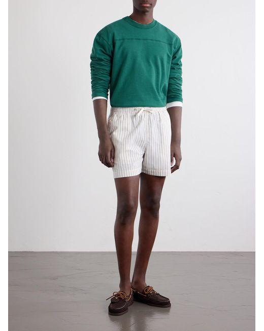 Drake's White Straight-Leg Striped Cotton And Linen-Blend Drawstring Shorts for men