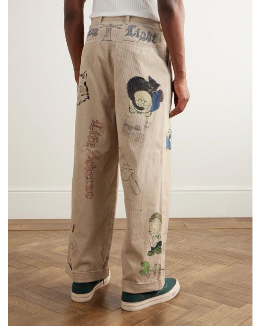 Kapital Natural Ivy Wide-leg Pleated Printed Cotton-corduroy Trousers for men