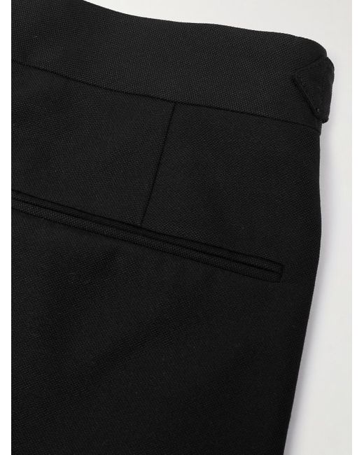 Brunello Cucinelli Black Tapered Pleated Satin-Trimmed Silk, Wool And Mohair-Blend Trousers for men