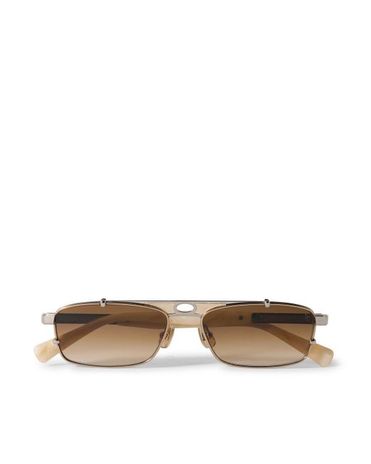 Brunello Cucinelli Metallic Square-frame Leather-trimmed Gold-tone Sunglasses for men