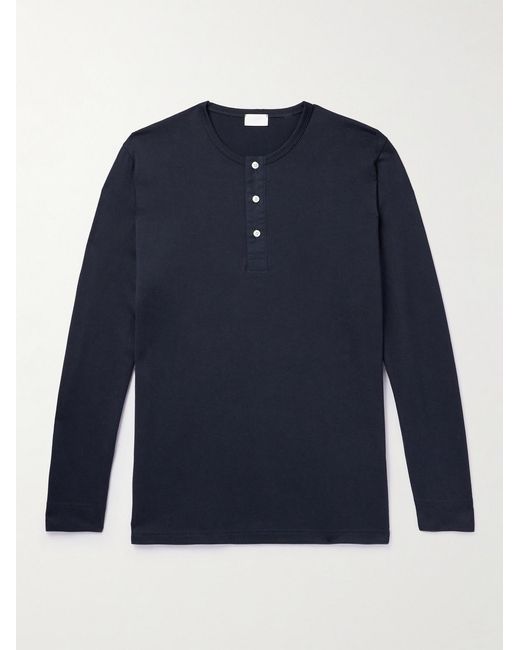 Handvaerk Blue Cotton-Jersey Henley Pyjama T-Shirt for men