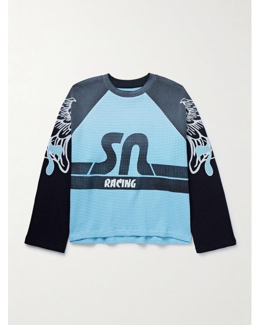 Satoshi Nakamoto Blue Satoshi Wings Colour-Block Printed Waffle-Knit Cotton T-Shirt for men