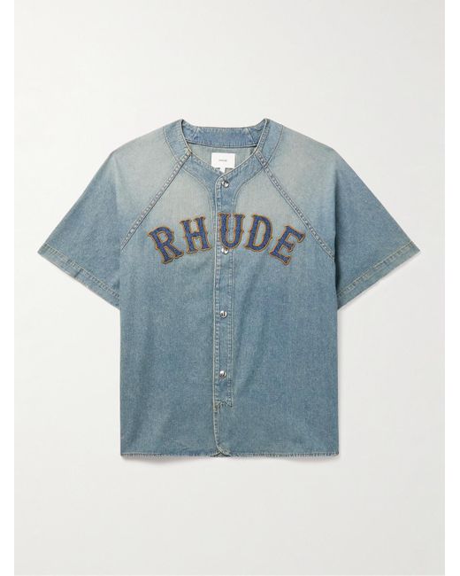 Camicia in denim con logo applicato di Rhude in Blue da Uomo