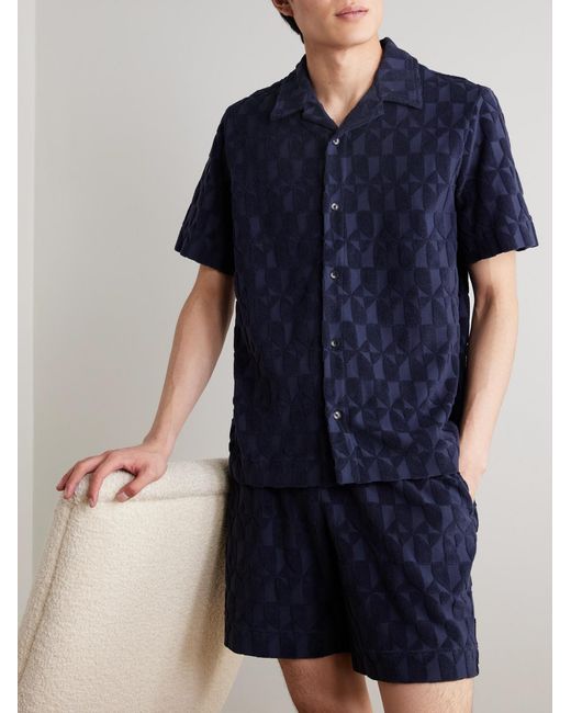 Mr P. Blue Camp-Collar Organic Cotton-Terry Jacquard Shirt for men
