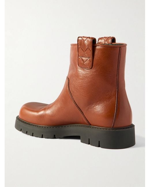 Bottega Veneta Brown Haddock Intrecciato-Detailed Leather Boots for men