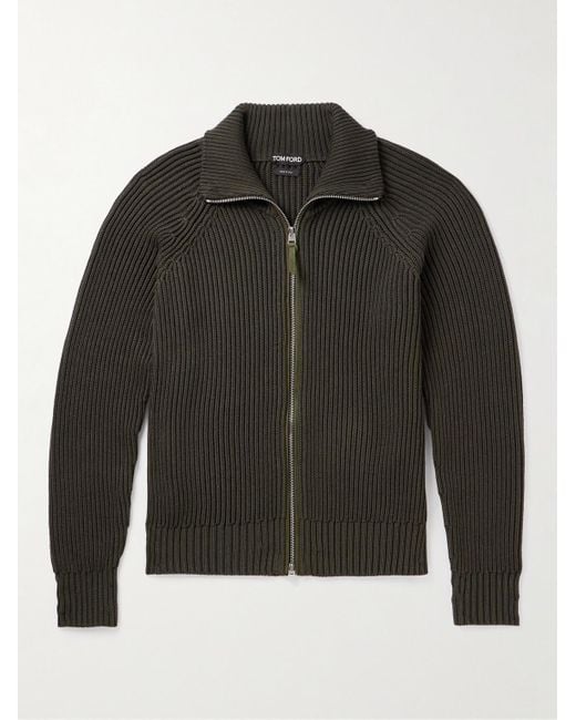 Tom Ford Black Slim-fit Ribbed Silk And Cotton-blend Zip-up Cardigan for men