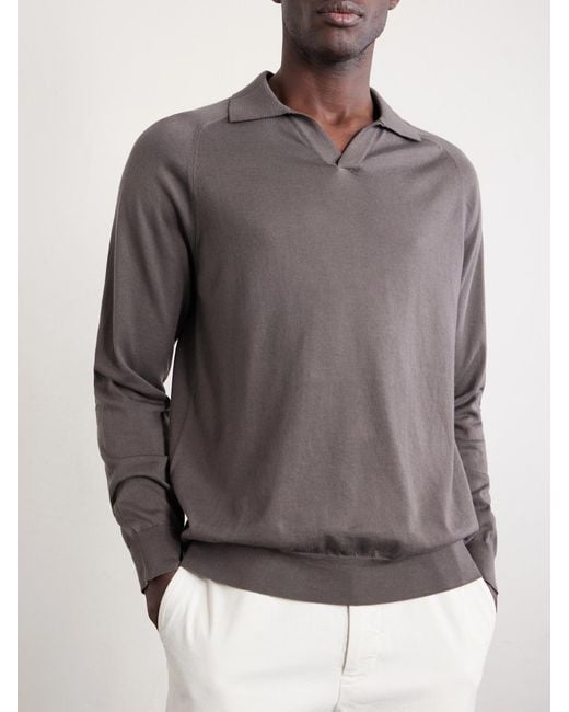 Sunspel Gray Sea Island Cotton And Cashmere-Blend Polo Shirt for men