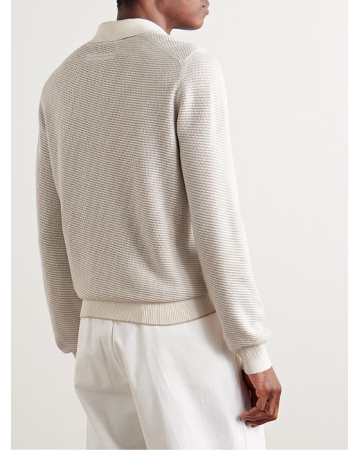 Zegna White Striped Silk And Cashmere-Blend Polo Shirt for men
