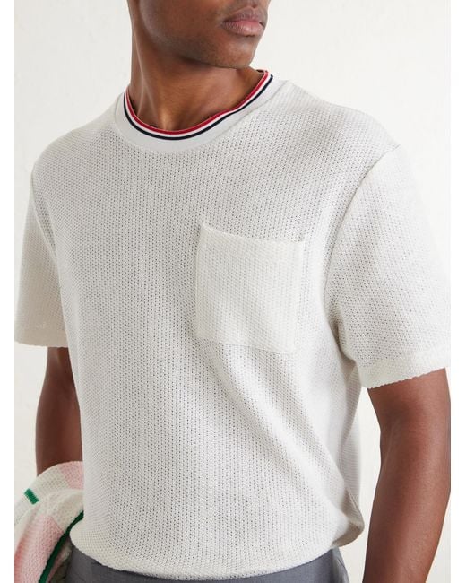 Thom Browne White Pointelle-Knit Cotton And Linen-Blend T-Shirt for men