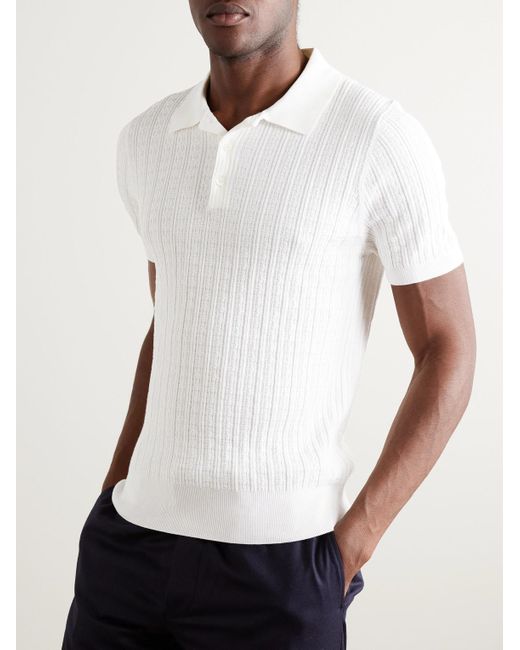 Canali White Textured-knit Cotton Polo Shirt for men