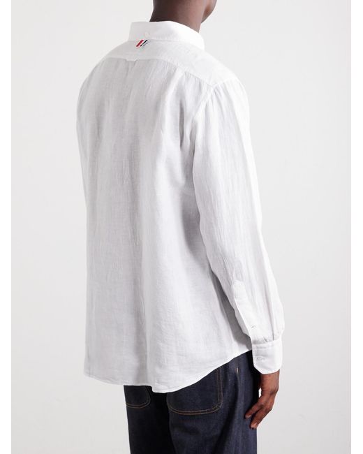 Thom Browne White Logo-Appliquéd 4-Bar Linen Shirt for men