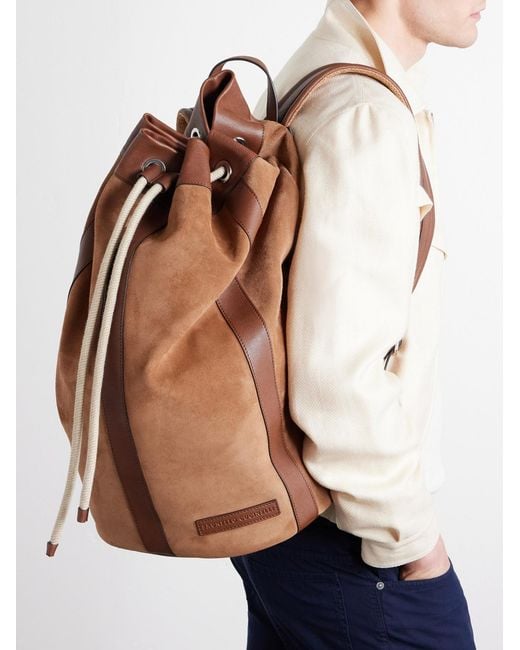 Brunello Cucinelli Brown Leather-Trimmed Suede Backpack for men