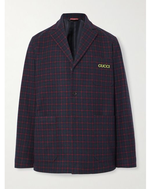Gucci Blue Logo-Appliquéd Checked Wool-Blend Flannel Blazer for men